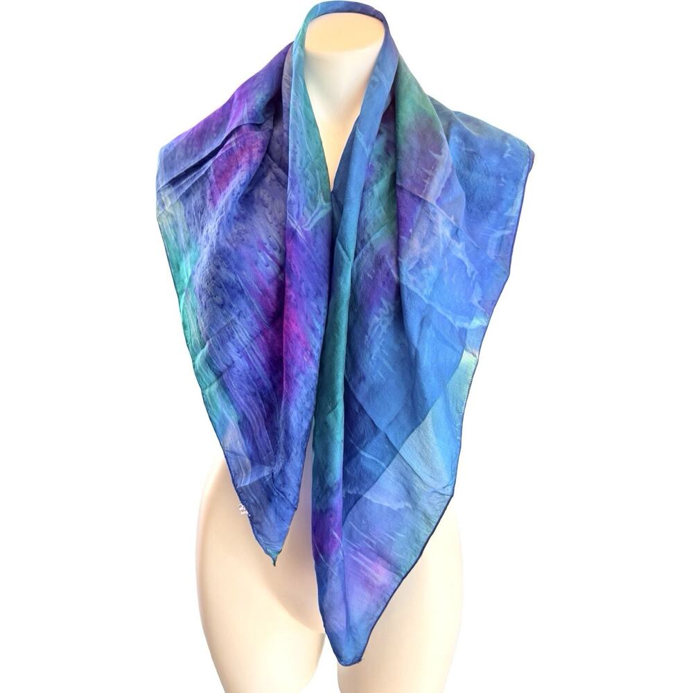 Hand Made  Silk Scarf Ocean Blue Purple Sheer Wrap Art To Wear 34x 34”